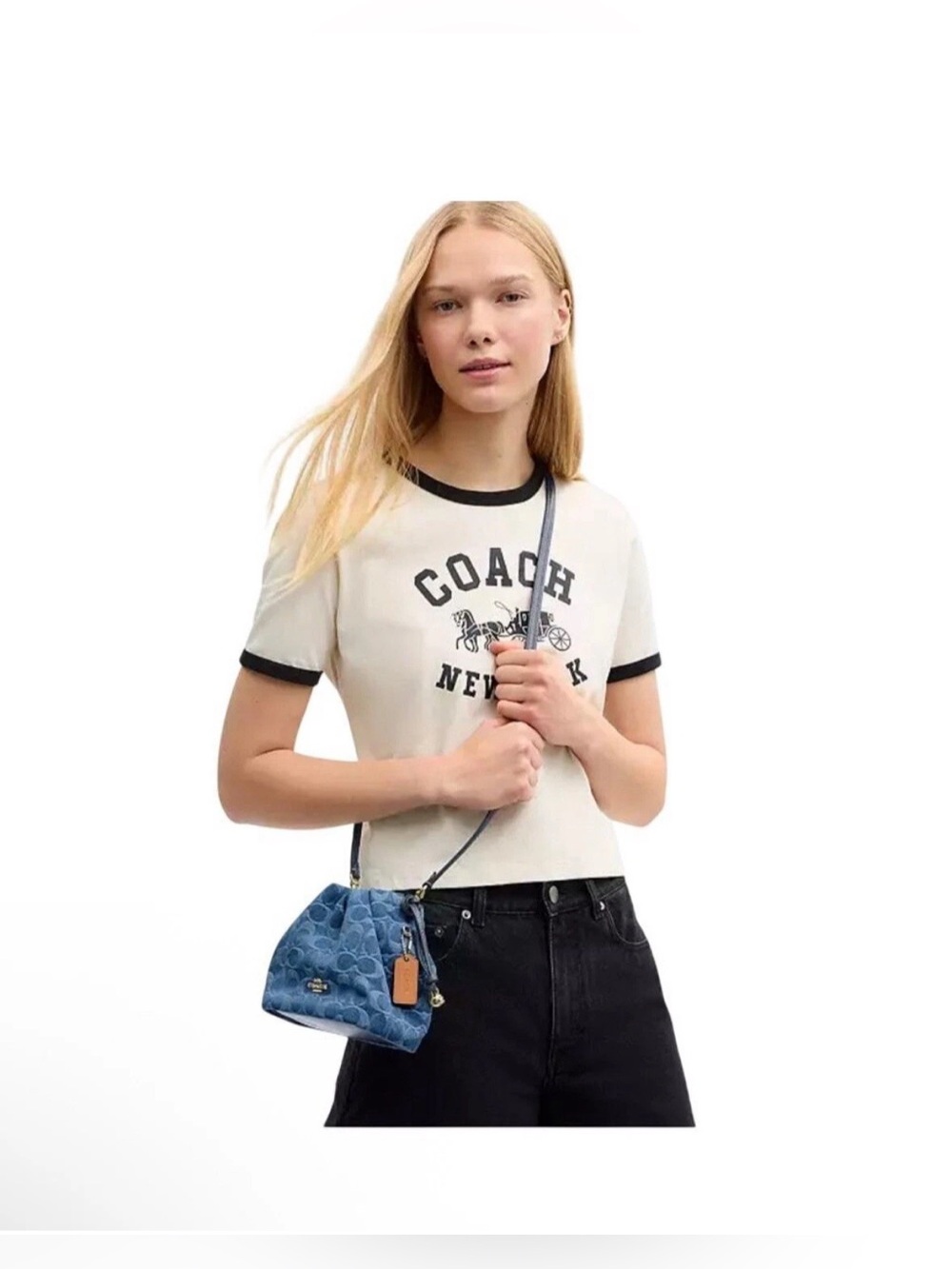 NEW Coach Faye Mini Denim Dual Strap Chain & Leather Drawstring Bucket Bag - Picture 5 of 7
